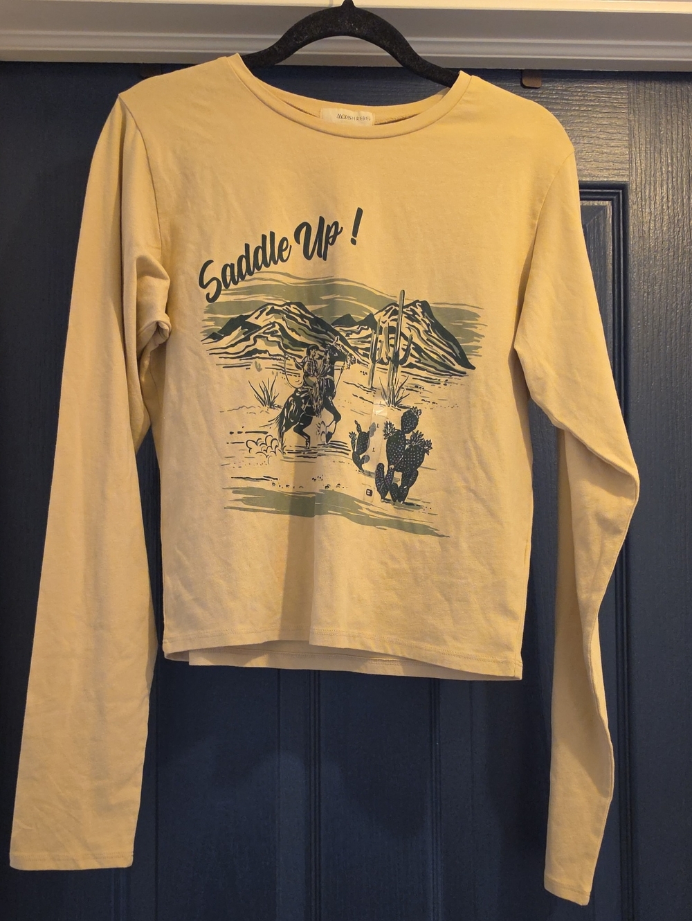 Modish Rebel Women's Largw Crop Saddle Up! Long Sleeve Graphic Tee -Tan